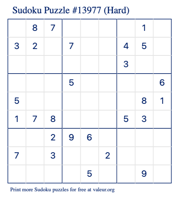 Free Printable Hard Sudoku Puzzle number 13977