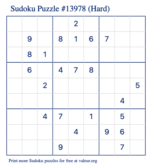 Free Printable Hard Sudoku Puzzle number 13978