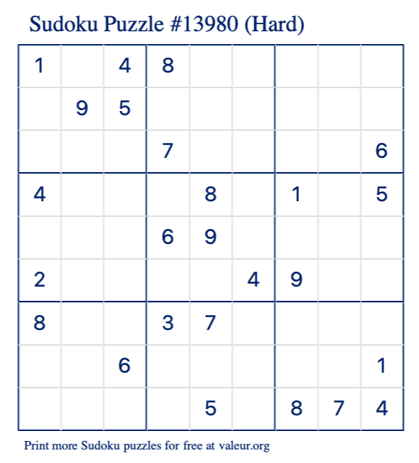 Free Printable Hard Sudoku Puzzle number 13980