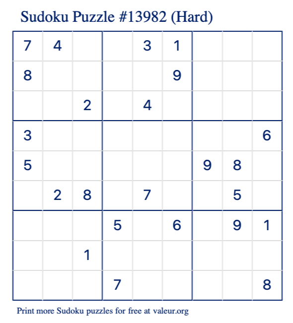 Free Printable Hard Sudoku Puzzle number 13982