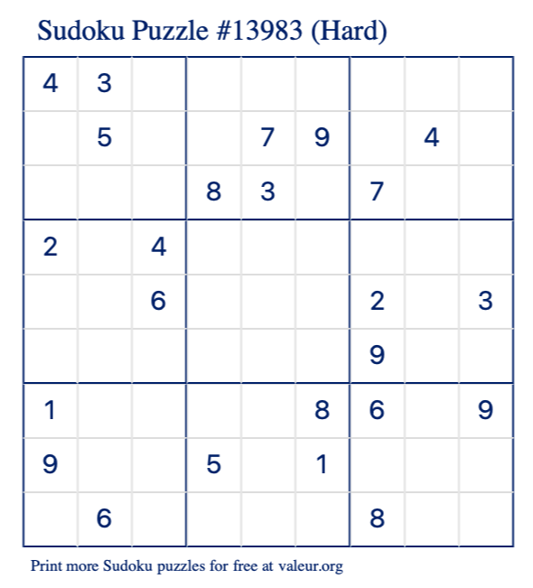 Free Printable Hard Sudoku Puzzle number 13983