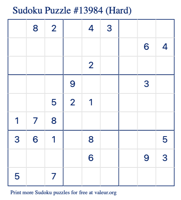 Free Printable Hard Sudoku Puzzle number 13984