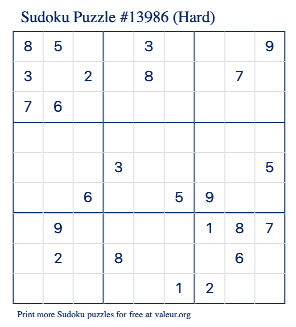 Free Printable Hard Sudoku Puzzle number 13986
