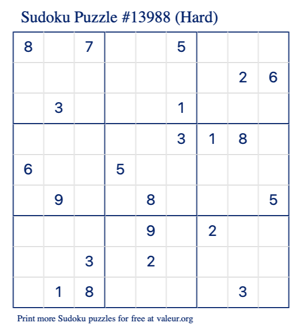 Free Printable Hard Sudoku Puzzle number 13988