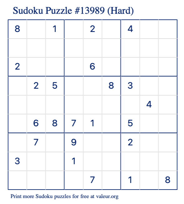 Free Printable Hard Sudoku Puzzle number 13989