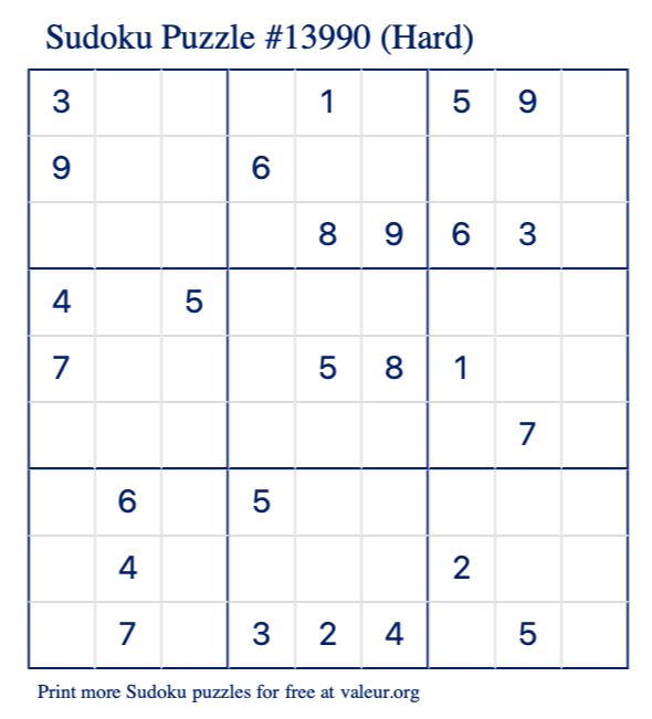 Free Printable Hard Sudoku Puzzle number 13990