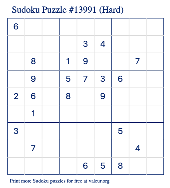 Free Printable Hard Sudoku Puzzle number 13991
