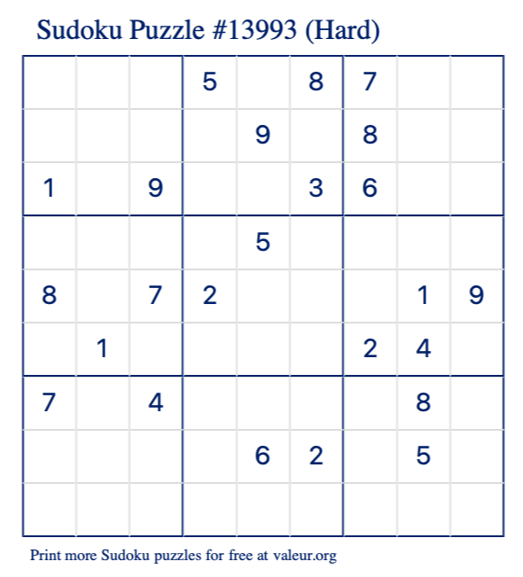 Free Printable Hard Sudoku Puzzle number 13993