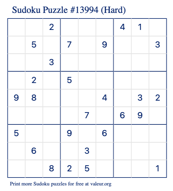 Free Printable Hard Sudoku Puzzle number 13994