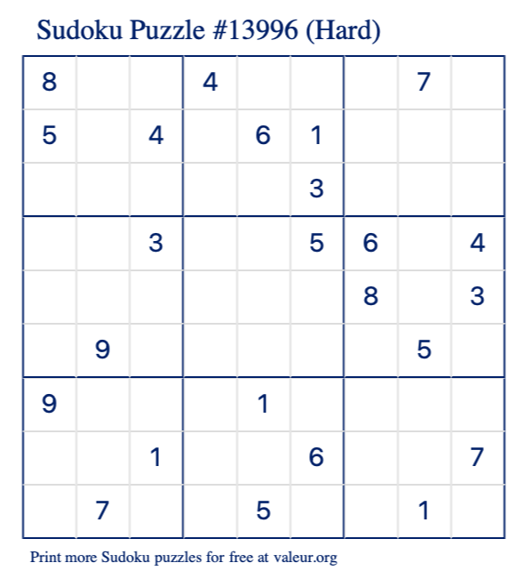 Free Printable Hard Sudoku Puzzle number 13996