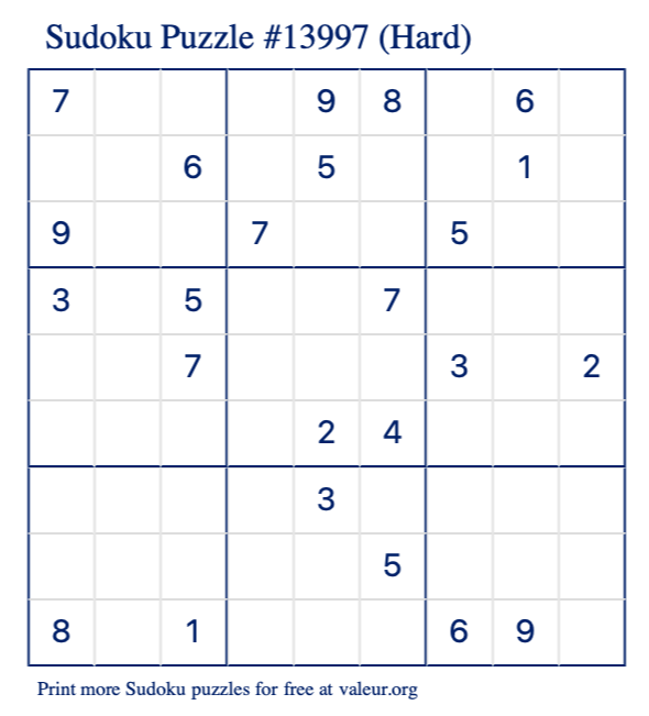 Free Printable Hard Sudoku Puzzle number 13997