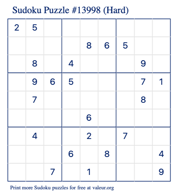 Free Printable Hard Sudoku Puzzle number 13998