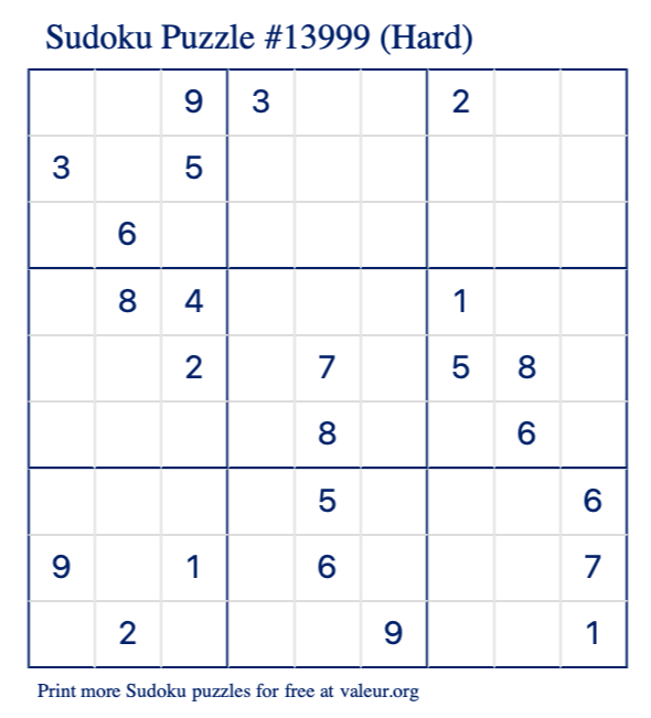 Free Printable Hard Sudoku Puzzle number 13999
