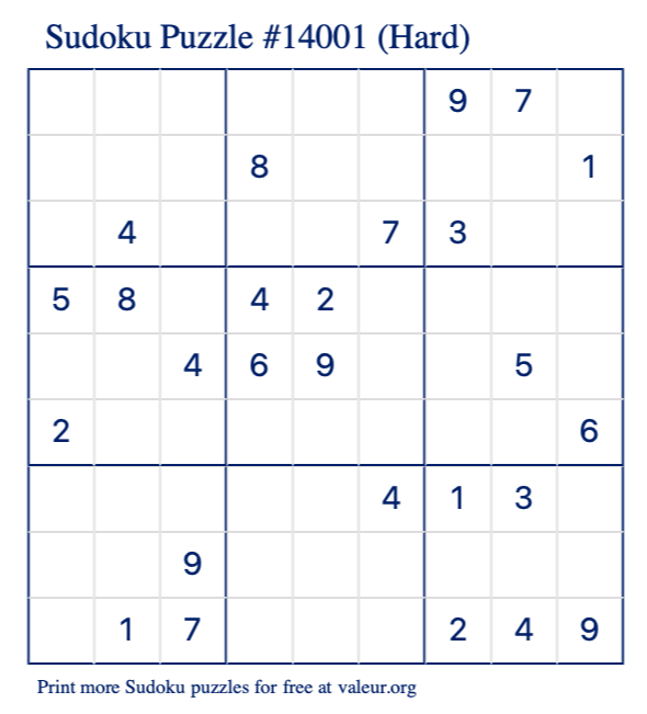 Free Printable Hard Sudoku Puzzle number 14001