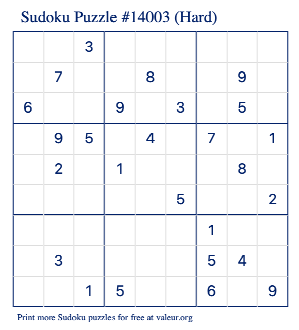 Free Printable Hard Sudoku Puzzle number 14003