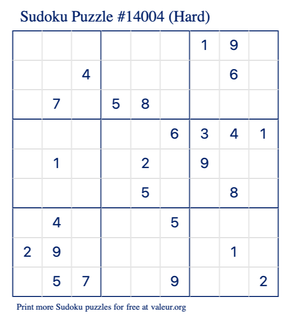 Free Printable Hard Sudoku Puzzle number 14004