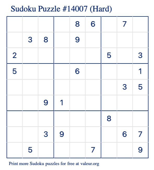 Free Printable Hard Sudoku Puzzle number 14007