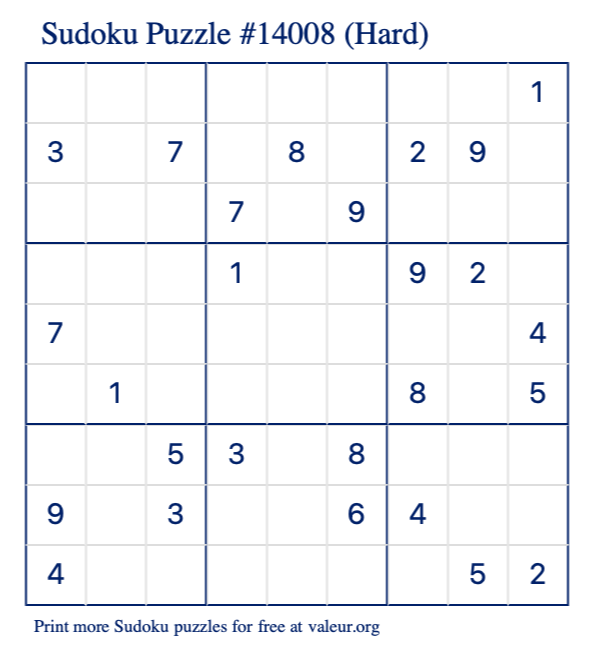 Free Printable Hard Sudoku Puzzle number 14008