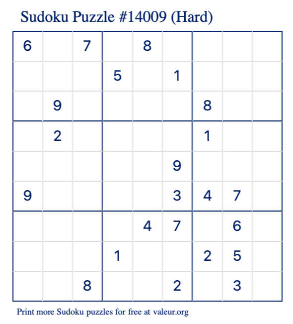 Free Printable Hard Sudoku Puzzle number 14009