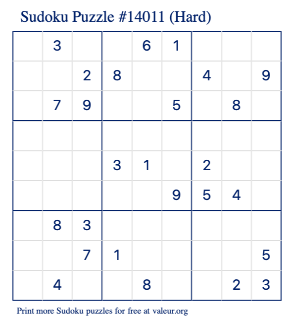 Free Printable Hard Sudoku Puzzle number 14011