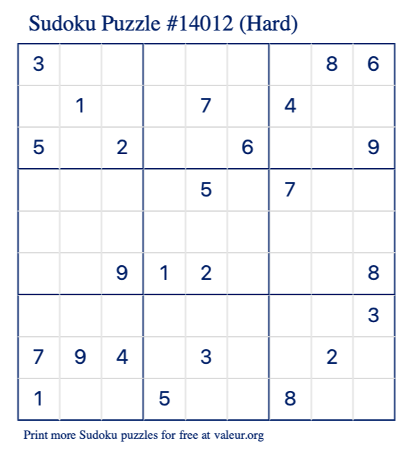 Free Printable Hard Sudoku Puzzle number 14012