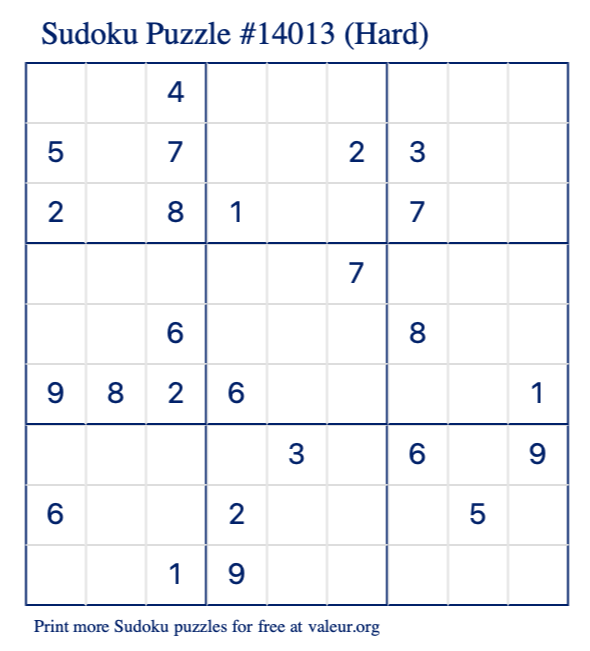 Free Printable Hard Sudoku Puzzle number 14013