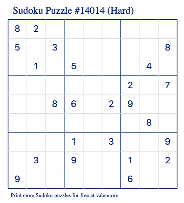 Free Printable Hard Sudoku Puzzle number 14014