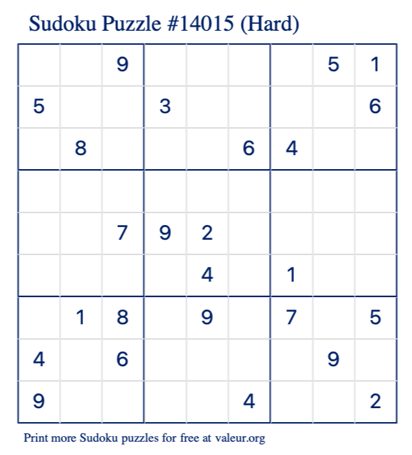 Free Printable Hard Sudoku Puzzle number 14015
