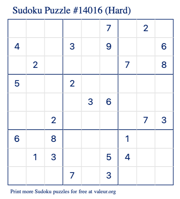 Free Printable Hard Sudoku Puzzle number 14016