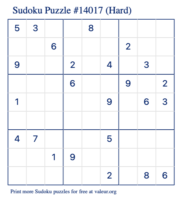 Free Printable Hard Sudoku Puzzle number 14017