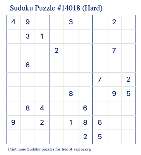 Free Printable Hard Sudoku Puzzle number 14018