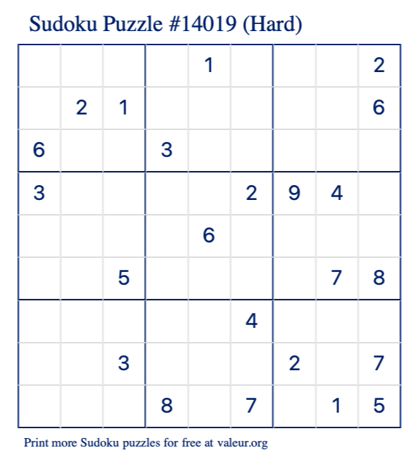 Free Printable Hard Sudoku Puzzle number 14019