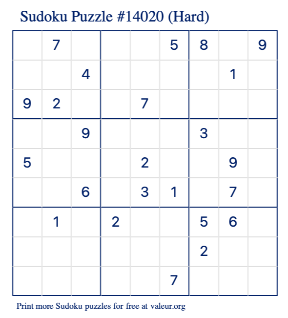 Free Printable Hard Sudoku Puzzle number 14020