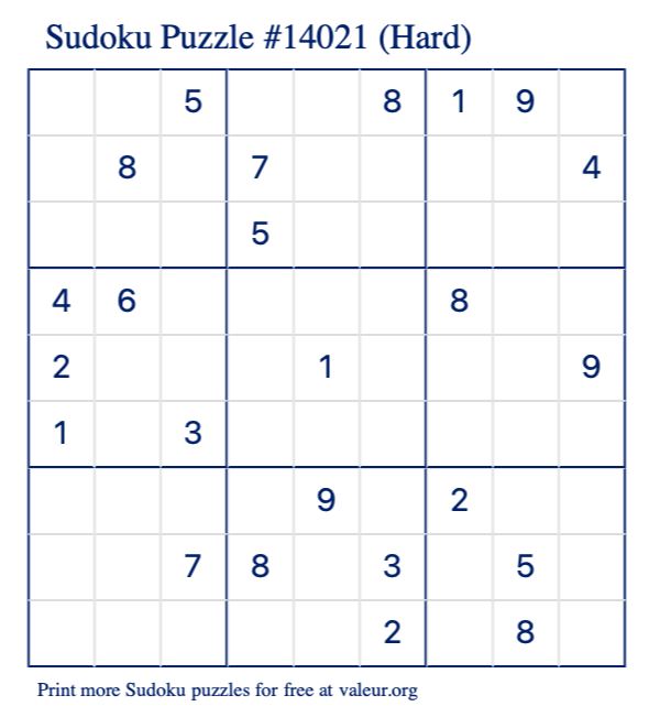 Free Printable Hard Sudoku Puzzle number 14021
