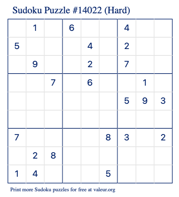 Free Printable Hard Sudoku Puzzle number 14022
