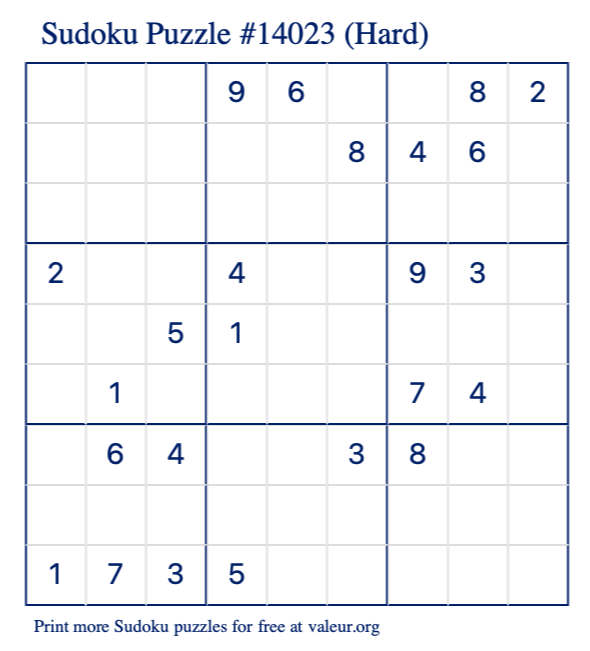 Free Printable Hard Sudoku Puzzle number 14023