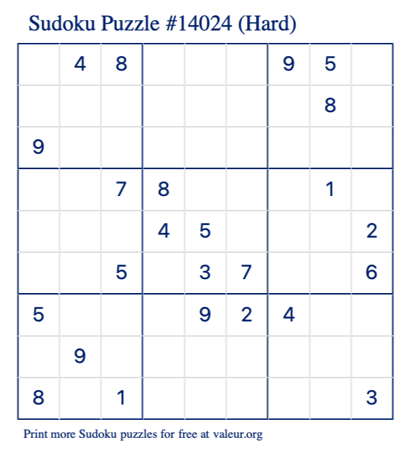 Free Printable Hard Sudoku Puzzle number 14024