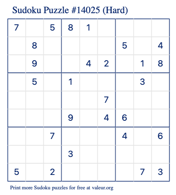 Free Printable Hard Sudoku Puzzle number 14025