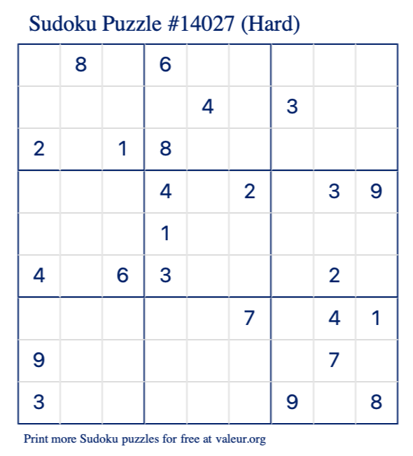 Free Printable Hard Sudoku Puzzle number 14027