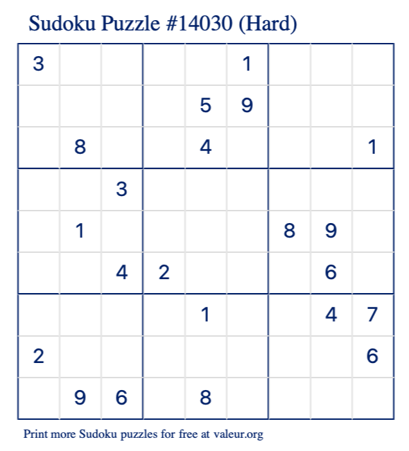 Free Printable Hard Sudoku Puzzle number 14030