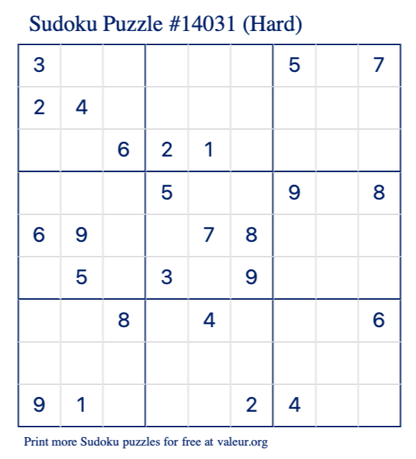 Free Printable Hard Sudoku Puzzle number 14031