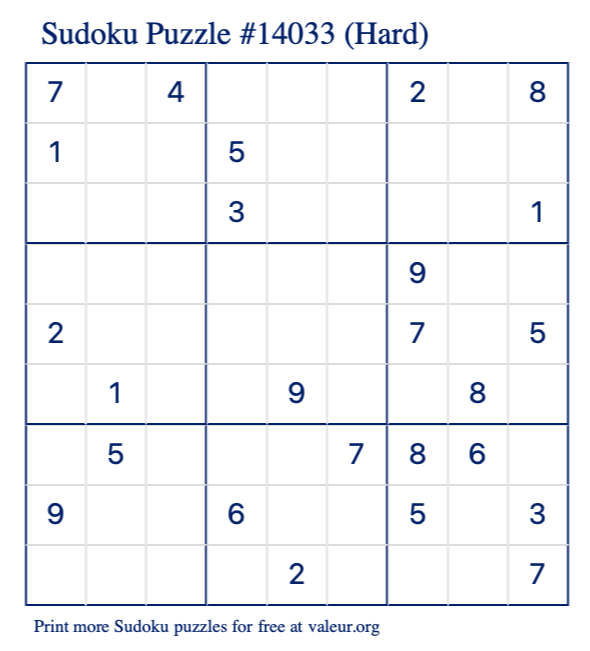 Free Printable Hard Sudoku Puzzle number 14033