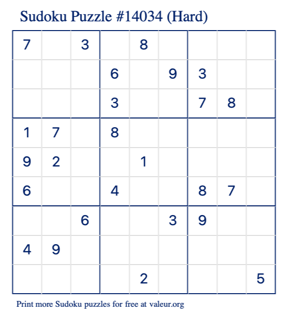 Free Printable Hard Sudoku Puzzle number 14034
