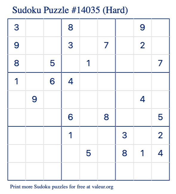 Free Printable Hard Sudoku Puzzle number 14035