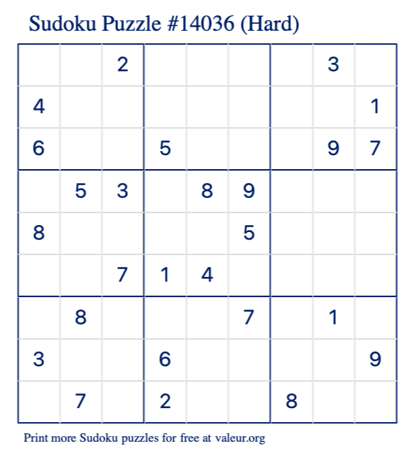 Free Printable Hard Sudoku Puzzle number 14036