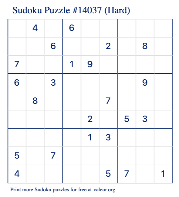 Free Printable Hard Sudoku Puzzle number 14037