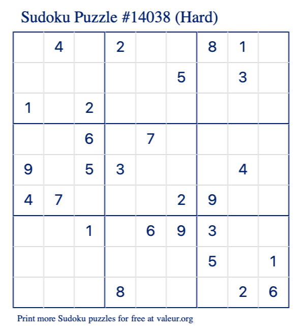 Free Printable Hard Sudoku Puzzle number 14038