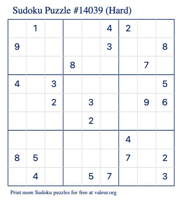 Free Printable Hard Sudoku Puzzle number 14039