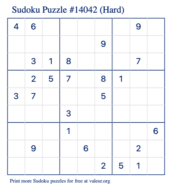 Free Printable Hard Sudoku Puzzle number 14042