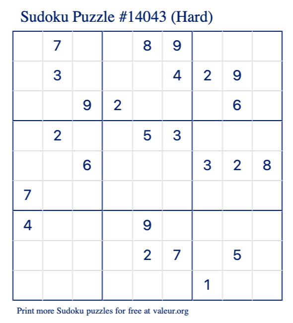 Free Printable Hard Sudoku Puzzle number 14043